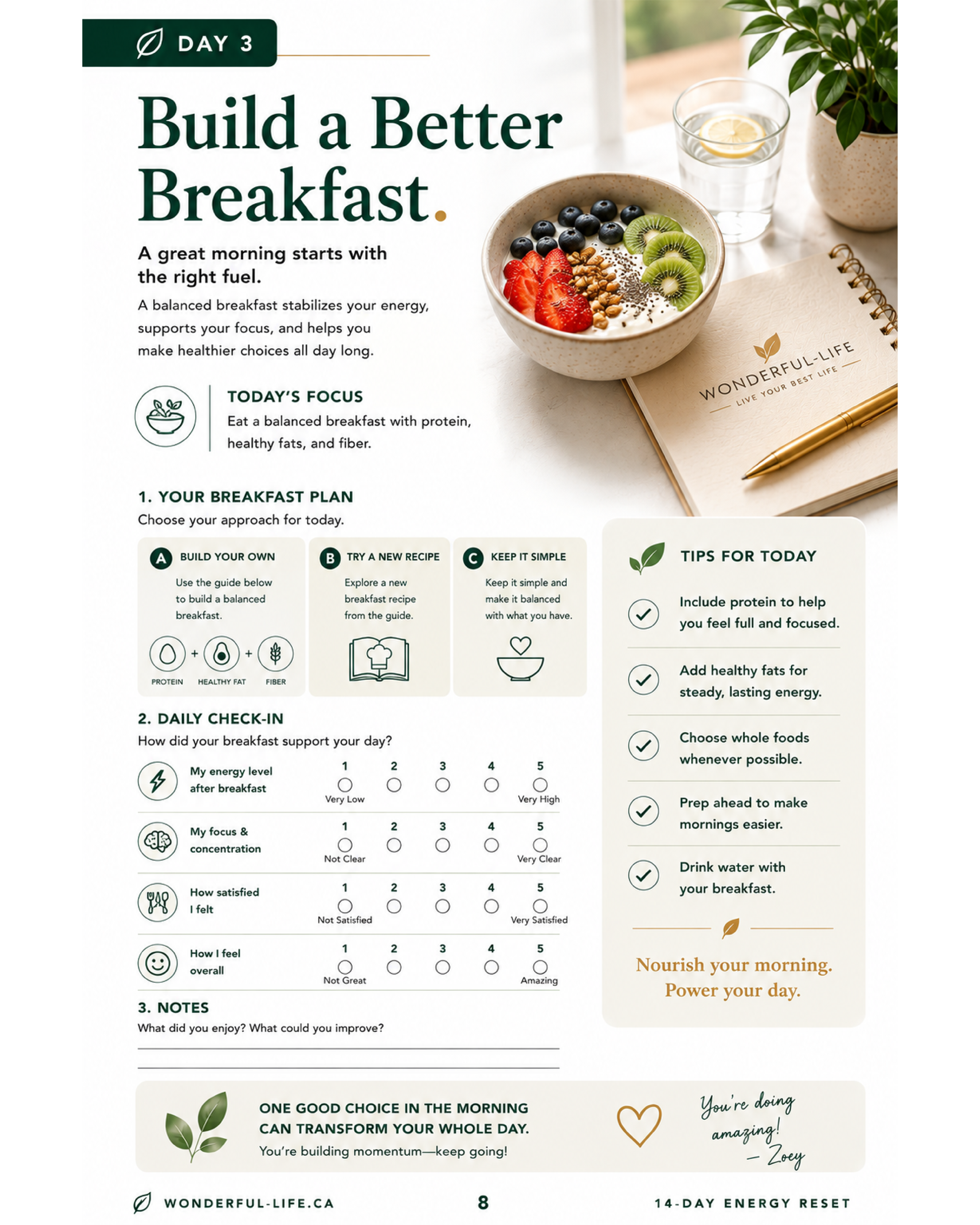 Day 3 Build a Better Breakfast sample page from the 14-Day Energy Reset